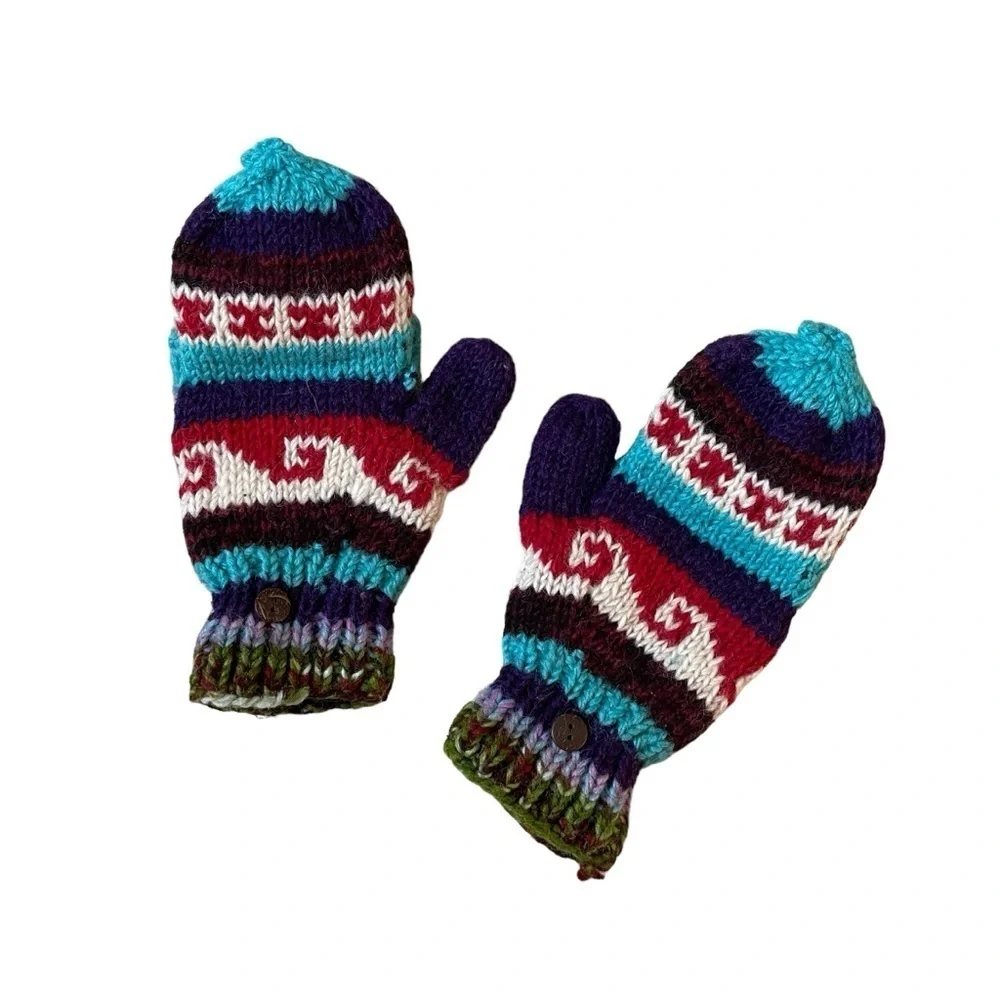 HANDMADE Nepal Wool Knit Convertible Mittens Fingerless Gloves Winter